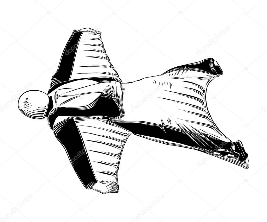 Hand drawn sketch of wingsuit in black isolated on white background. Detailed vintage style drawing. Vector illustration