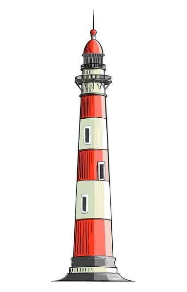 Ручной рисунок маяка в цвете, изолированный на белом фоне. Детальный рисунок в стиле винтажа. Векторная иллюстрация — стоковый вектор