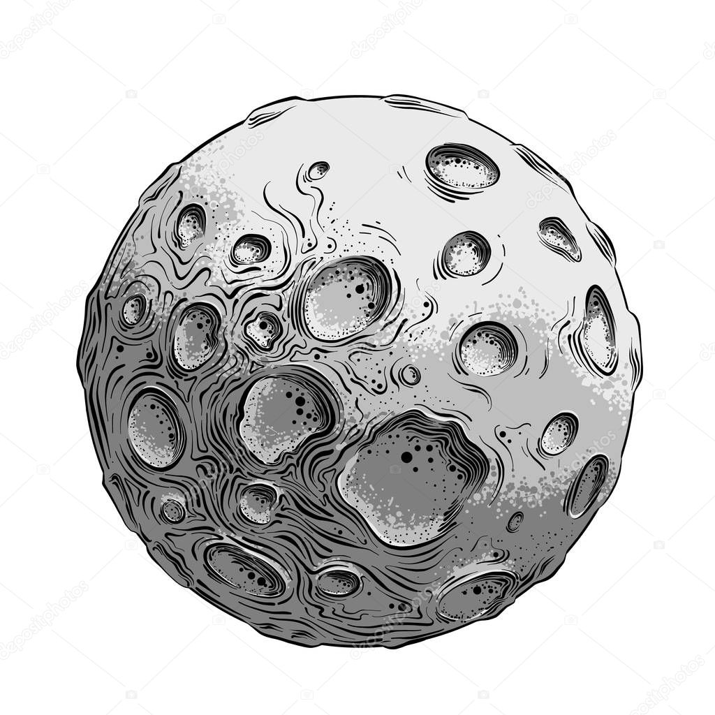 Hand drawn sketch of moon planet in black and white color, isolated on white background. Detailed vintage style drawing. Vector illustration.