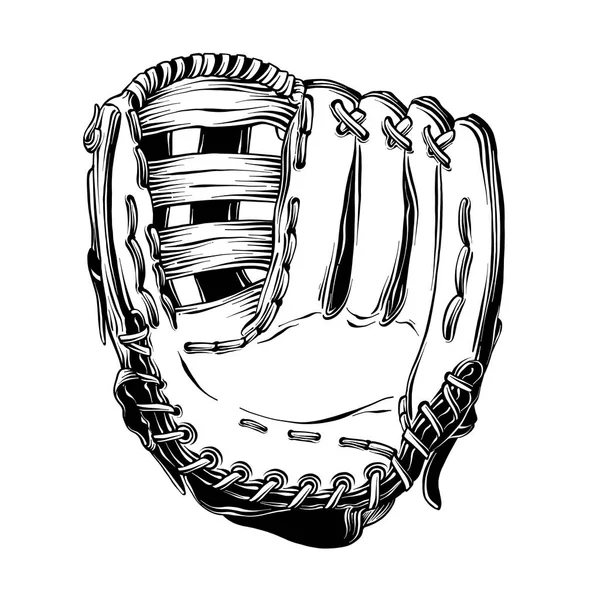 Hand drawn sketch of baseball glove in black isolated on white background. Detailed vintage style drawing, for posters, decoration and print.. Vector illustration — Stock Vector