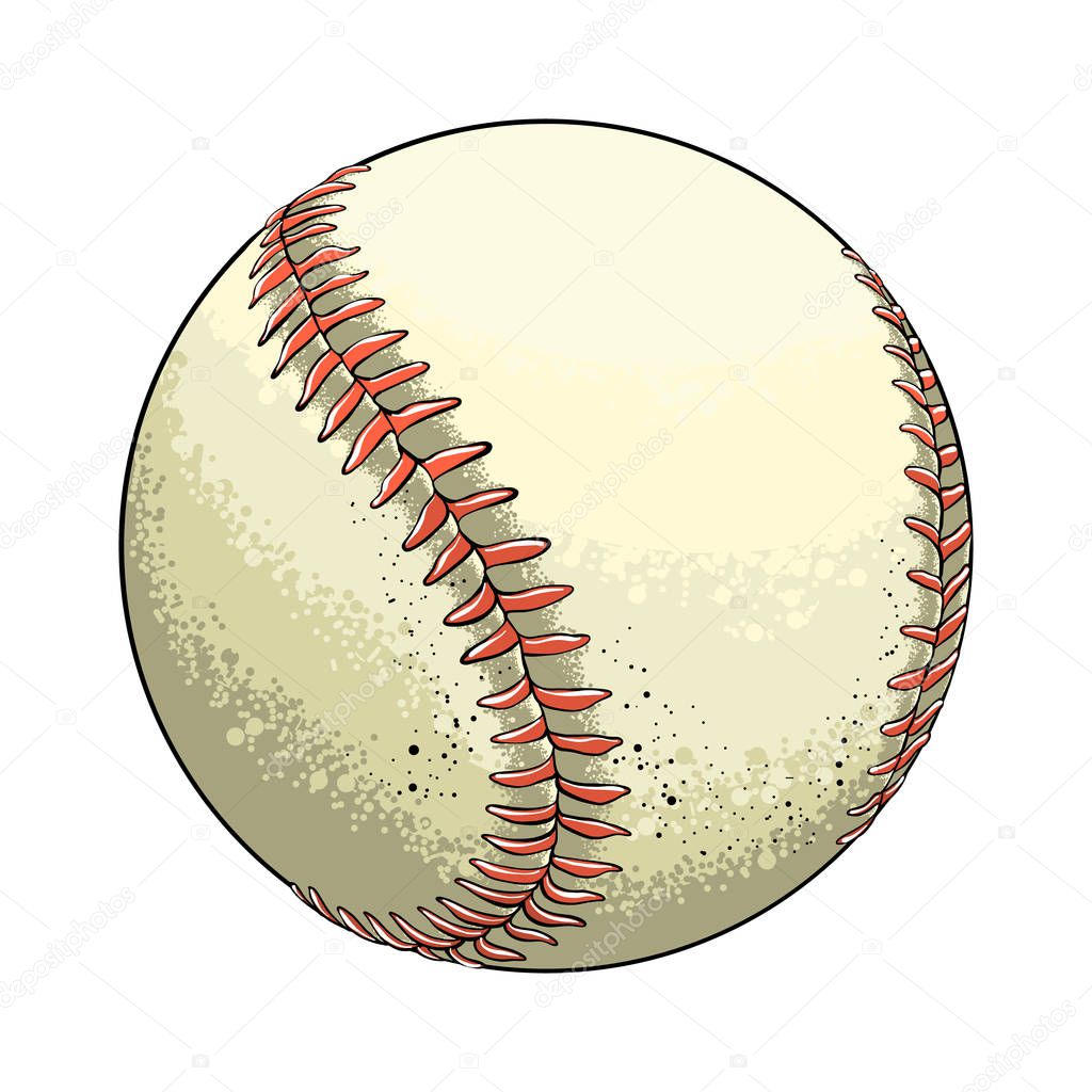 Hand drawn sketch baseball ball in color, isolated on white background. Detailed drawing in the style of vintage. Vector illustration.