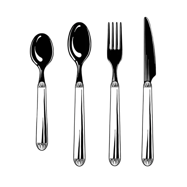 Cutlery set teaspoon, spoon, fork and knife in black isolated on white background. Tableware, top view. Vector illustration — Stock Vector