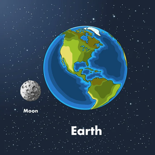 Hand getrokken schets van de planeet aarde en de maan in kleur, tegen de achtergrond van de ruimte. Gedetailleerde tekening in de stijl van de oogst. Vectorillustratie — Stockvector