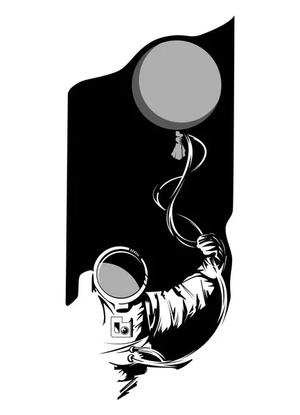 Astronauta desenhado à mão com um balão na mão sobre fundo preto. Para cartazes, decoração e impressão. Ilustração vetorial — Vetor de Stock