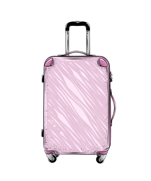 Hand drawn sketch of suitcase in pink color isolated on white background. Detailed vintage style drawing. Vector illustration — Stock vektor