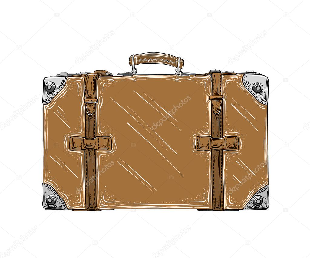 Hand drawn sketch of retro suitcase in brown color isolated on white background. Detailed vintage style drawing. Vector illustration