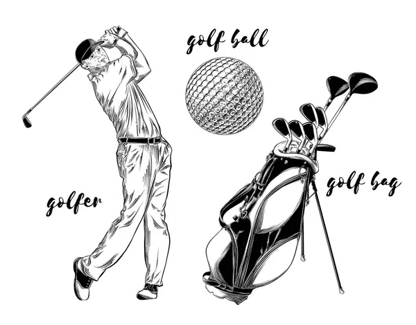 Juego de golf aislado sobre fondo blanco. Elementos dibujados a mano como el golfista, pelota de golf y bolsa de golf. Ilustración vectorial — Vector de stock