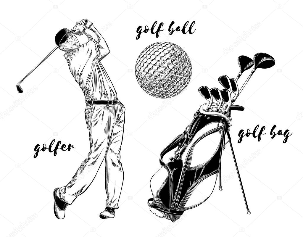 Isolated golf set on white background. Hand-drawn elements such as golfer, golf ball and golf bag. Vector illustration.