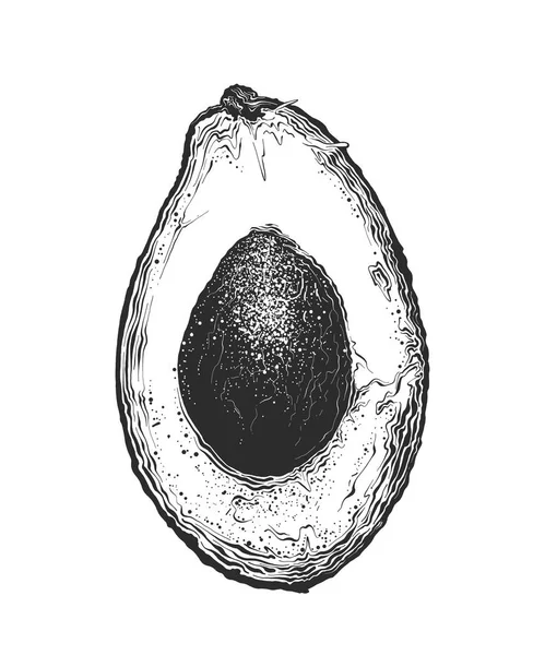 Handgezeichnete Skizze einer halben Avocado in schwarzer Farbe. isoliert auf weißem Hintergrund. Zeichnung für Plakate, Dekoration und Druck. Vektorillustration — Stockvektor