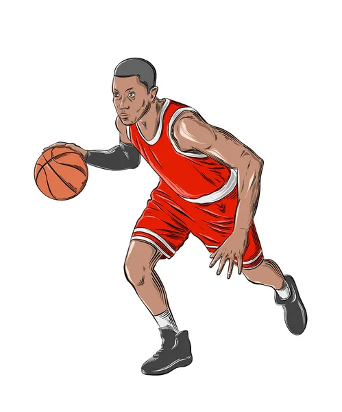 Schizzo disegnato a mano del giocatore di basket a colori, isolato su sfondo bianco. Disegno dettagliato in stile vintage. Illustrazione vettoriale — Vettoriale Stock