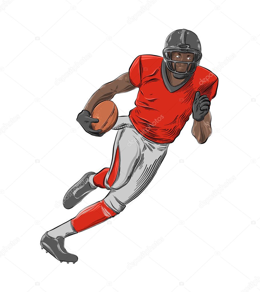 Hand drawn sketch of American football player in color, isolated on white background. Detailed vintage style drawing. Vector illustration