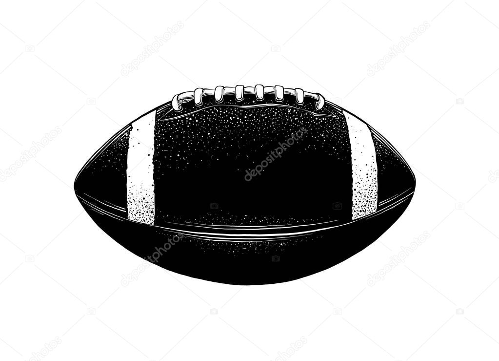 Vector drawing of rugby ball in black color, isolated on white background. Graphic illustration, hand drawing. Drawing for posters, decoration and print. Vector illustration