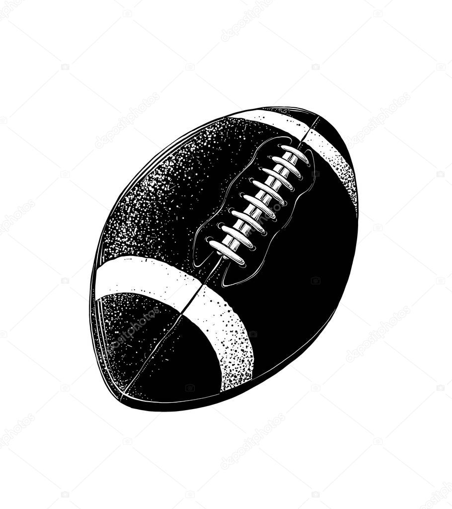 Vector drawing of rugby ball in black color, isolated on white background. Graphic illustration, hand drawing. Drawing for posters, decoration and print. Vector illustration.