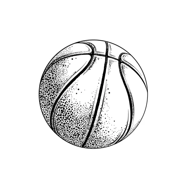 Vector drawing of basketball ball in black color, isolated on white background. Graphic illustration, hand drawing. Drawing for posters, decoration and print. Vector illustration — Stock Vector