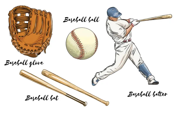 Conjunto de basebol a cores. Isolado em fundo branco. Elementos desenhados à mão, como jogador de beisebol, luva, bastão e bola. Ilustração vetorial — Vetor de Stock