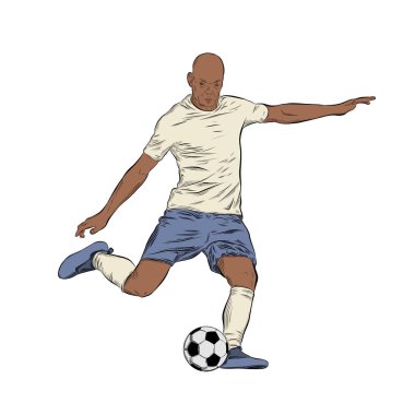 Renkli futbolcunun elle çizilmiş krokisi. Beyaz arka planda izole edilmiş. Posterler, dekorasyon ve baskı için çizim. Vektör çizimi