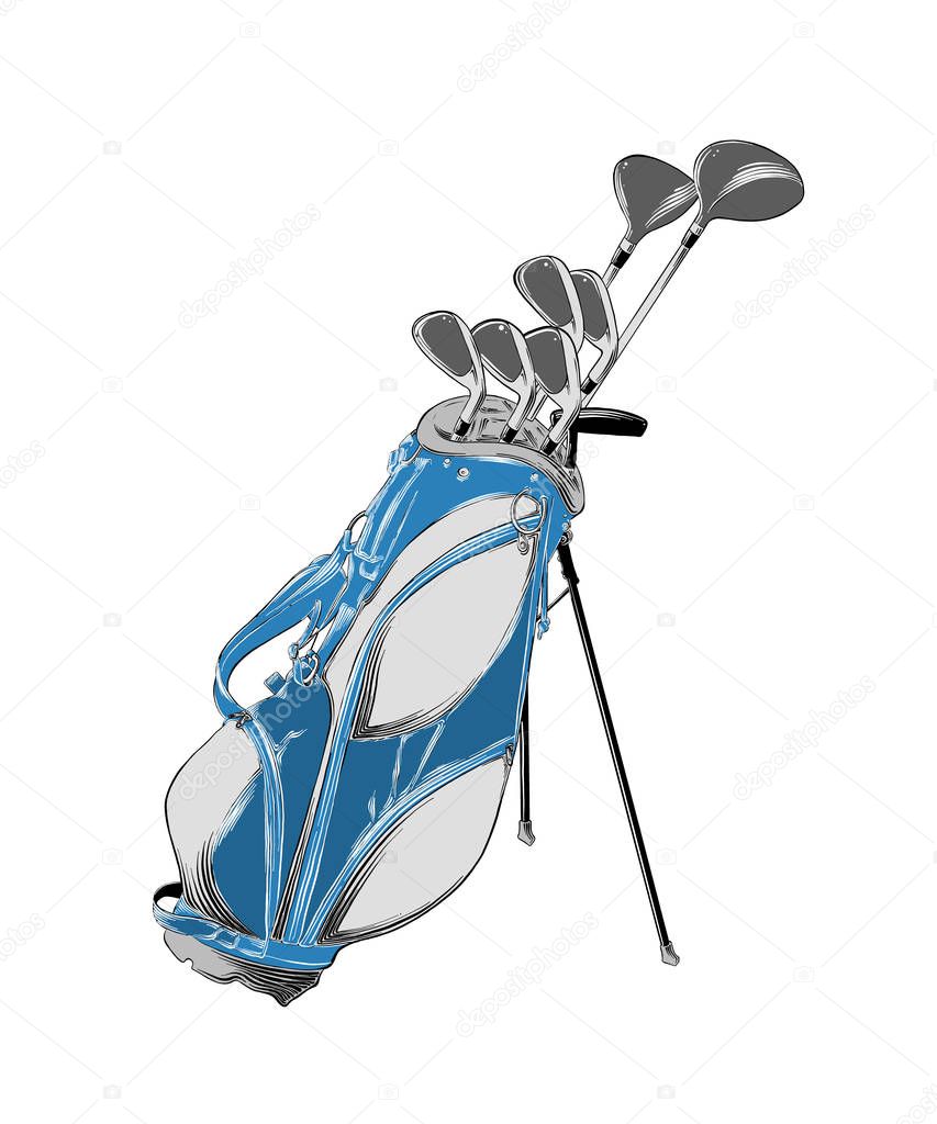 Vector drawing of golf bag in color, isolated on white background. Graphic illustration, hand drawing. Drawing for posters, decoration and print. Vector illustration.