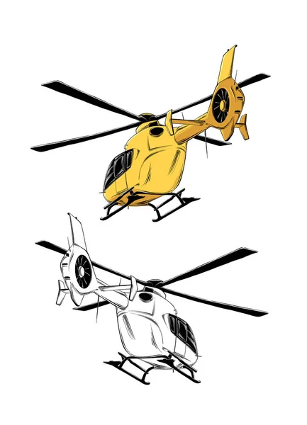 Dibujo vectorial de helicóptero en color amarillo, aislado sobre fondo blanco. Dibujo para carteles, decoración e impresión. Ilustración vectorial — Vector de stock