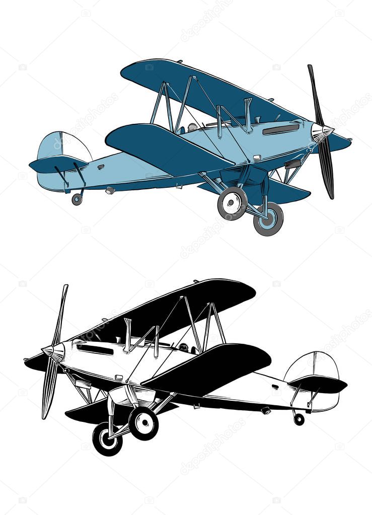 Hand drawn sketch of biplane aircraft in color. Isolated on white background. Drawing for posters, decoration and print. Vector illustration