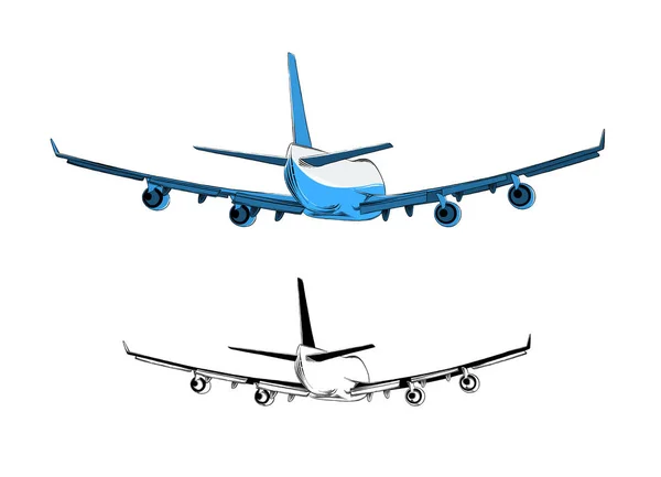 Dibujo vectorial de avión en color azul, aislado sobre fondo blanco. Dibujo para carteles, decoración e impresión. Ilustración vectorial — Vector de stock
