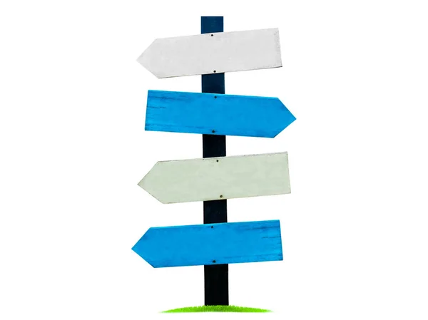 Letrero / poste guía Hecho de madera, pintado en blanco y azul aislado sobre fondo blanco, con camino de recorte —  Fotos de Stock