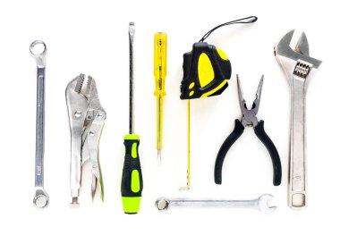 Beyaz bir arka planda izole craftman araçları. Craftman araçları ekipman çalışması için.