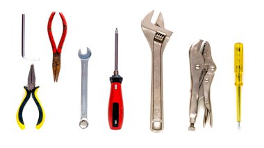 Beyaz bir arka planda izole craftman araçları. Craftman araçları ekipman çalışması için.