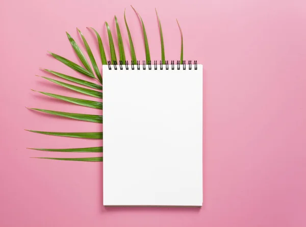 Cuaderno de notas sobre las hojas de la palma. Sobre un fondo rosa Para el diseño. Engañar o añadir texto —  Fotos de Stock