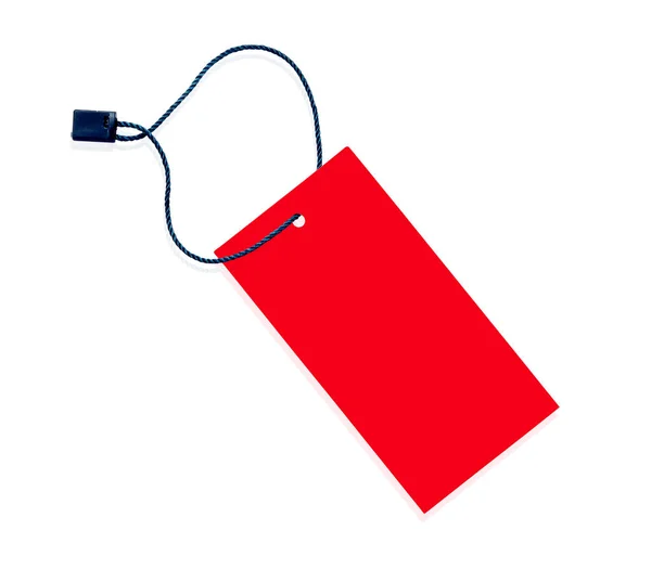 Etiqueta roja vacía o etiqueta de precio con cuerda negra, aislada sobre un fondo blanco, con clip —  Fotos de Stock