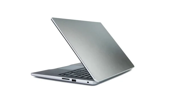 Achteraanzicht Van Moderne Slanke Design Laptop Aluminium Materiaal Geïsoleerd Witte — Stockfoto