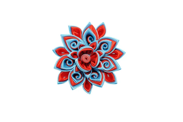 Kanzashi. Red blue artificial flower isolated on white backgroun — Stock Photo, Image