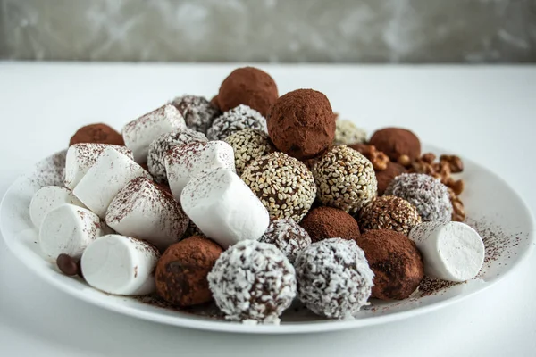 Viele Köstliche Schokoladentrüffel Gerollt Kakao Kokosnuss Sesam Mit Marshmallows Und — Stockfoto