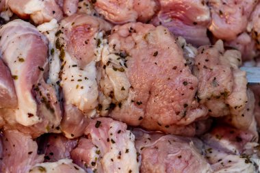  Şiş üzerinde salamura et, çiğ barbekü, arkadaşlarla piknik.