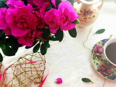 Sabah kahvaltı ve pembe azalea çiçekleri düz yatıyordu. Kopya alanı.