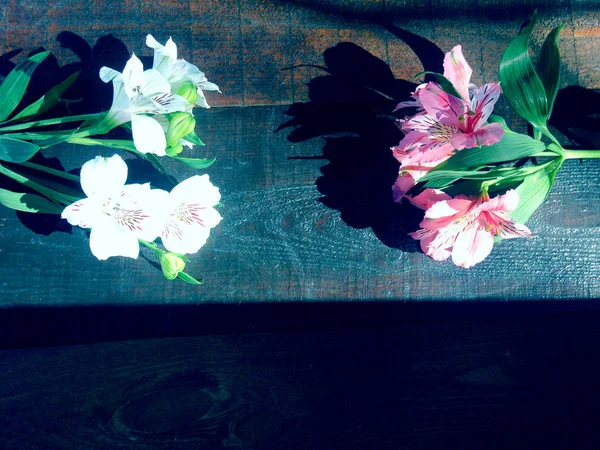 Bouquet Fleurs Alstroemeria Sur Fond Bois Gros Plan — Photo