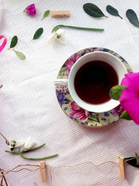 Heimeligkeit Frühstück Morgen Tee Rosa Azaleen Blüten Entspannung Flache Lage — Stockfoto