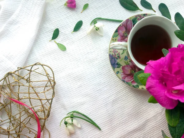 Heimeligkeit Frühstück Morgen Tee Rosa Azaleen Blüten Entspannung Flache Lage — Stockfoto