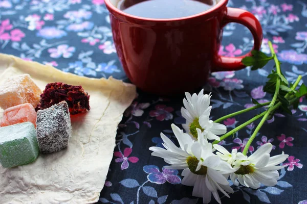 Sonbahar coziness. Kırmızı bir fincan, Türk lokumu ve mavi zemin üzerine taze papatya sıcak çay ile Servis Kahvaltı