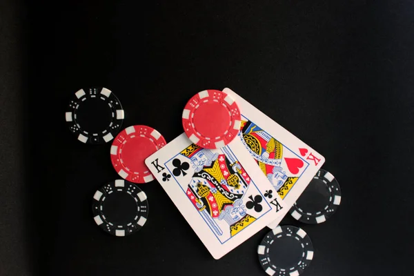 Poker Black Jack Koncepce Párem Králů Čipy Kostky Kopírovat Prostor — Stock fotografie