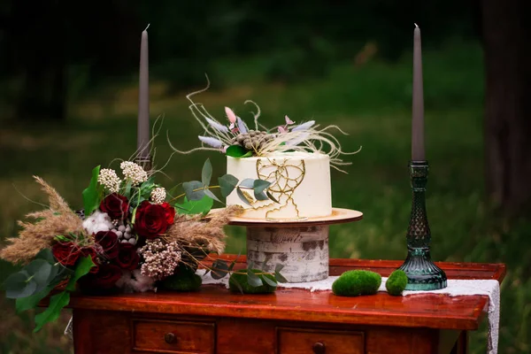 Matrimonio Interno Scenario Foto Zona Natura Fiori Bouquet Candele Arco — Foto Stock