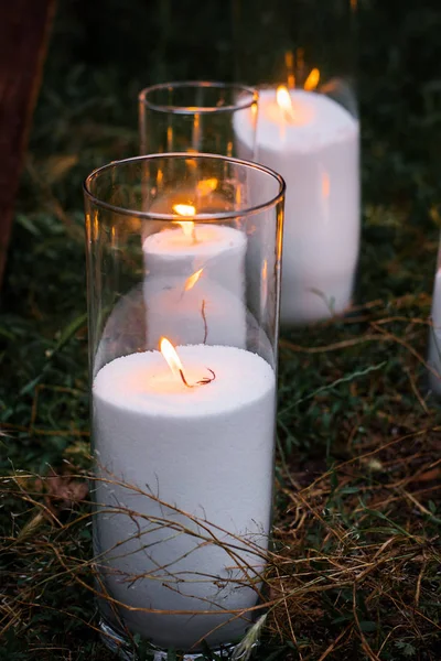 Posizione Nozze Foto Zona Candele Fiori Torta Foresta Radura Albero — Foto Stock