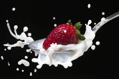 Çilek süt ile bir kaşık içine düşen ve siyah üzerine sıçrayan