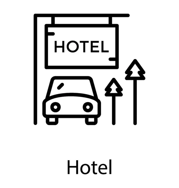 ホテルの駐車場とホテルの滞在ホテルの参考を持っている駐車場で駐車中の車 — ストックベクタ