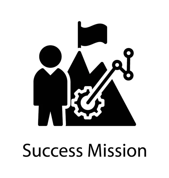 人間刻まれたくさびフラグと山の近くに立って 歯車とパフォーマンス ラインがあるも これは ミッションの成功のための全体の描写として — ストックベクタ