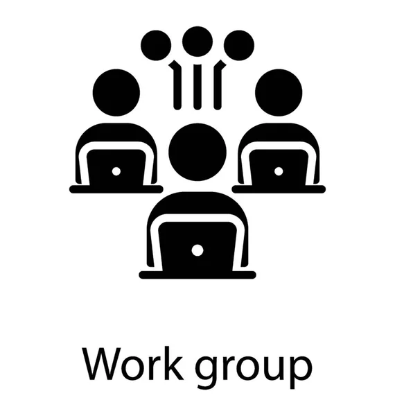 Група Робітників Працюють Ноутбуках Вказують Значок Робочої Групи — стоковий вектор