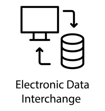 Data house, laptop and two reversing arrows showing process of electronic data interchange icon   clipart