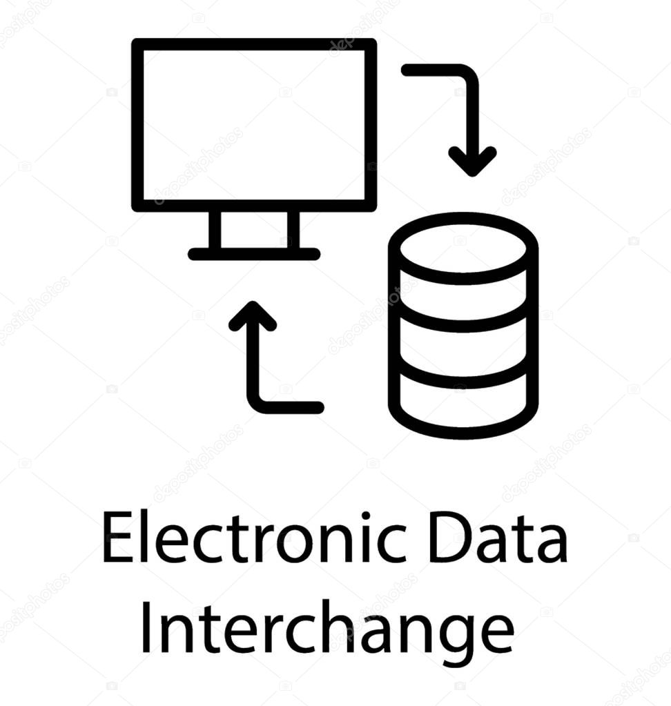 Data house, laptop and two reversing arrows showing process of electronic data interchange icon  
