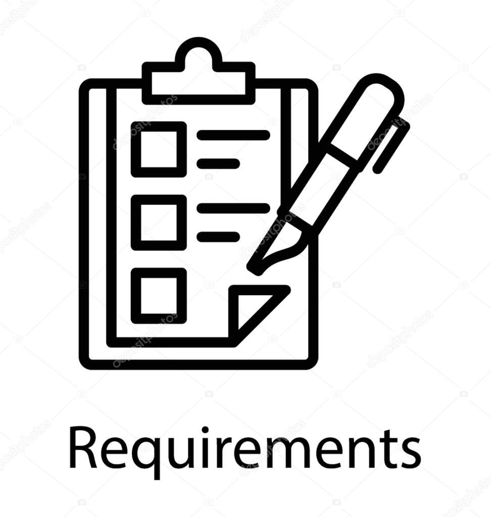 Icon for requirements is denoted by a clipboard with pen making through some checkboxes,