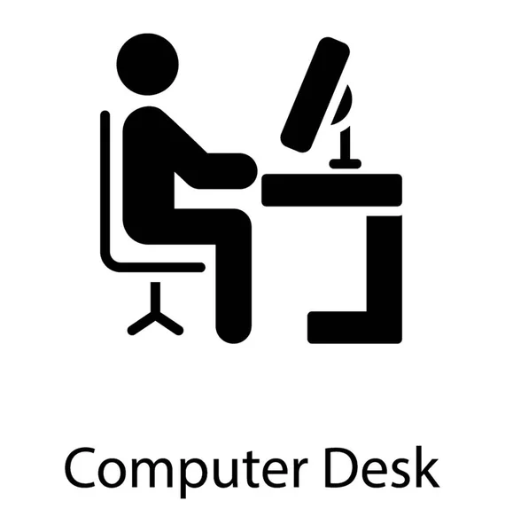 コンピューター テーブル コンピューター デスクのアイコンが付いている椅子に座る人 — ストックベクタ