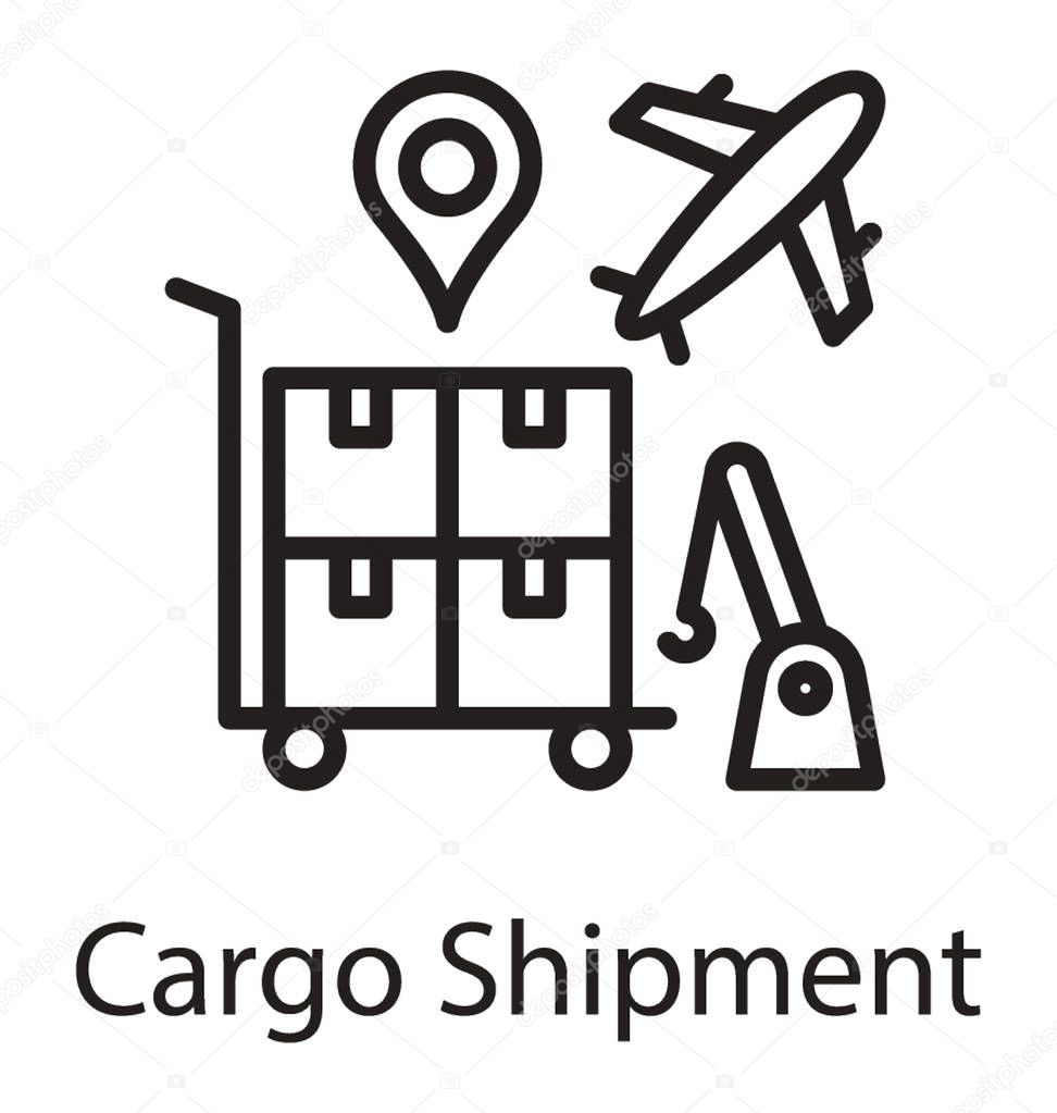 Package trolley with crane and airplane showcasing air cargo 
